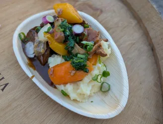 Ein Teller mit pürierten Kartoffeln, buntem Gemüse und Stückchen Fleisch. Das Gericht sieht appetitlich und frisch aus.