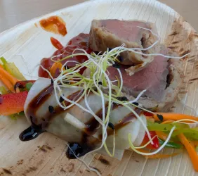 Ein Gericht mit zartem Fleisch, begleitet von frischem Gemüse und Soße. Die Speise ist auf einem Holzbrett angerichtet.