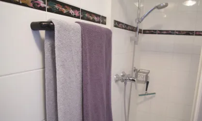 Ein Badezimmer mit einer Dusche und zwei Handtüchern in lila und grau. Die Wände sind gefliest und der Duschkopf ist sichtbar.
