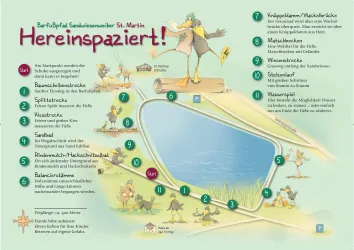 Eine Karte des Barfußpfades Sandkastenmuster St. Martin mit verschiedenen Stationen. Die Illustration zeigt eine entspannte, naturnahe Umgebung mit einem Teich und spielenden Tieren.