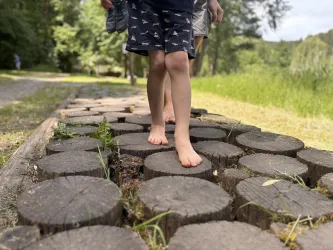 Kinder gehen barfuß über einen Holzsteg in der Natur. Im Hintergrund sind grüne Wiesen und Bäume zu sehen.