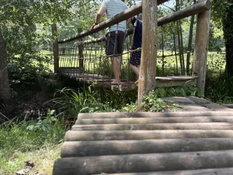 Eine Holzbrücke führt über einen kleinen Bach. Zwei Personen stehen darauf und genießen die Natur.