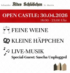 Ein Plakat für eine Veranstaltung im Alten Schlößchen in St. Martin. Es zeigt Informationen über Wein, kleine Häppchen und Live-Musik am 30. April 2026.