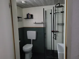 Ein modernes Badezimmer mit einer Dusche und einer Toilette. Die Wände sind in neutralen Farben gehalten und es gibt einige Ablageflächen.