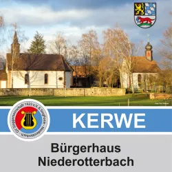 Ein Bürgertreff in Niederotterbach mit einer schönen Kirche im Hintergrund. Die Szene zeigt eine ruhige, ländliche Umgebung.
