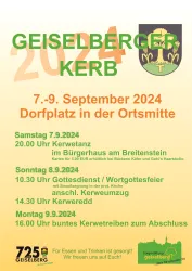 Ein Flyer für die Geiselberger Kerb 2024. Die Veranstaltung findet vom 7. bis 9. September statt und umfasst verschiedene Programmpunkte auf dem Dorfplatz.