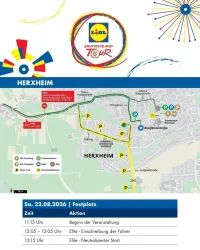Eine Karte von Herxheim mit Informationen zur Deutschland Tour 2026. Es zeigt Zeit und Aktionen, sowie Parkmöglichkeiten.