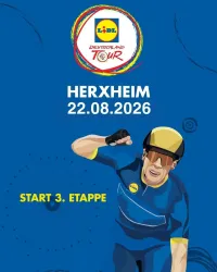 Ein farbenfrohes Poster für die Lidl Deutschland Tour. Es zeigt einen Radfahrer und Informationen zur dritten Etappe in Herxheim am 22. August 2026.
