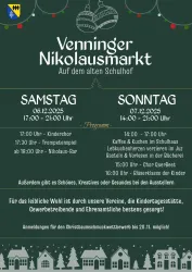 Ein Veranstaltungsplakat für den Venninger Nikolausmarkt. Es werden verschiedene Aktivitäten und Zeiten für Samstag und Sonntag aufgeführt, einschließlich Kinderchor und Bastelaktionen.