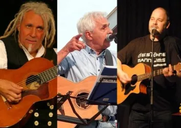 Drei Musiker spielen Gitarre auf der Bühne. Jeder hat seinen eigenen Stil und Auftritt.