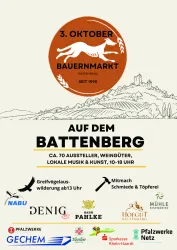 Ein Plakat für den Bauernmarkt in Battenberg am 3. Oktober. Es zeigt Informationen über Aussteller, Weingüter und lokale Musik sowie Kunst.