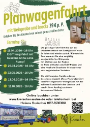 Ein Werbeplakat für eine Planwagenfahrt mit Weinprobe und Snacks. Es zeigt Informationen zu Terminen und Preisen sowie eine ansprechende Gestaltung.