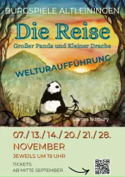 Ein farbenfrohes Plakat für eine Theateraufführung mit dem Titel "Die Reise". Es zeigt einen großen Panda und einen kleinen Drachen in einer fantasievollen Landschaft.