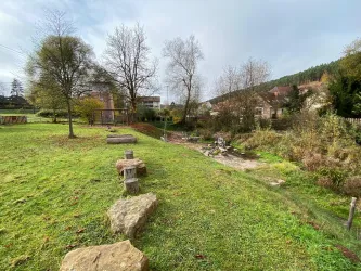 Eine grüne Wiese mit einzelnen Baumgruppen und einem kleinen Bach. Im Hintergrund sind einige Häuser und ein bewaldeter Hang zu sehen.