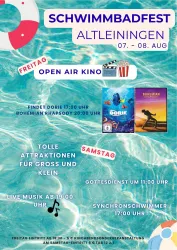 Ein Plakat für das Schwimmbadfest in Alteleiningen. Es zeigt Informationen zu Veranstaltungen wie Open Air Kino, Live Musik und Attraktionen für Groß und Klein.