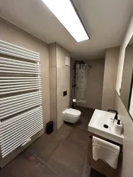 Ein modernes Badezimmer mit einer Dusche und einer eleganten Waschbeckenanlage. Der Raum ist hell und gut strukturiert, mit einem Heizkörper an der Wand.