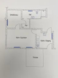 Eine einfache Grundrisszeichnung einer Wohnung. Die Räume umfassen ein Schlafzimmer, ein Bad, einen Flur, ein Wohn-Esszimmer, eine Küche und eine Terrasse.