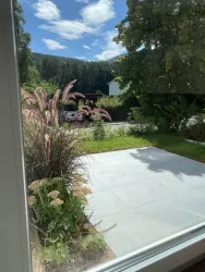 Ein schöner Garten mit bunten Pflanzen und einer hellen Terrasse. Im Hintergrund sind Bäume und ein blauer Himmel sichtbar.