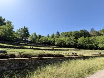 Eine ruhige Landschaft mit mehreren Terrassen, umgeben von Bäumen und grünem Gras. Der Himmel ist klar und blau.