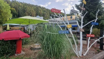 Ein einladender Außenbereich mit einem großen grünen Sonnenschirm und einem roten Pilz. Hier steht ein Baumstamm mit Schildern, die in verschiedene Städte weisen.