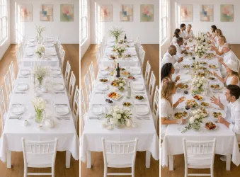 Ein elegantes, langes Tischarrangement mit weißen Tischdecken und floralen Dekorationen. Eine Gruppe von Menschen in Weiß genießt ein festliches Essen in einem hellen Raum.