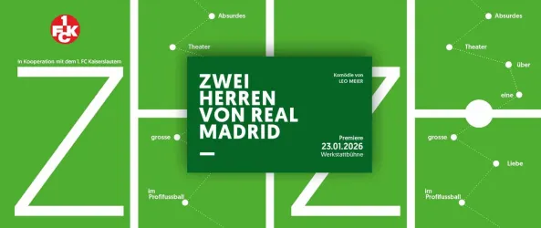 Ein Plakat für das Stück „Zwei Herren von Real Madrid“. Die Premiere findet am 23.01.2026 statt.