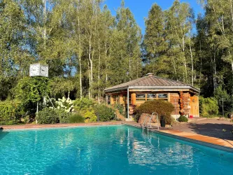 Ein schöner Pool umgeben von grüner Natur. Im Hintergrund steht eine hölzerne Hütte unter blauem Himmel.