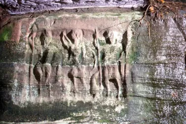 Ein Fels mit alten Petroglyphen, die Figuren und Tiere darstellen. Die Oberfläche ist moosbedeckt und zeigt Abnutzungserscheinungen.