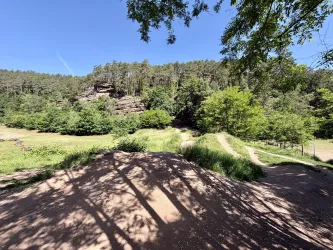 Eine grüne Landschaft mit sanften Hügeln und Bäumen. Im Hintergrund sind felsige Erhebungen und blauer Himmel zu sehen.