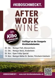 Ein Werbeplakat für eine After-Work-Weinveranstaltung in Kirchheimbolanden. Es listet verschiedene Weingüter und Termine auf.