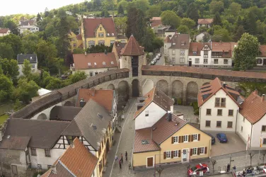 Eine malerische Stadtansicht mit alten Häusern und Stadtmauern. Im Hintergrund sind grüne Bäume und ein klarer Himmel zu sehen.