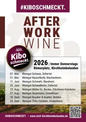 Ein Veranstaltungsplakat für "After Work Wine" im Jahr 2026. Es zeigt verschiedene Weinproduzenten und die Termine der Veranstaltung in Kirchheimbolanden.