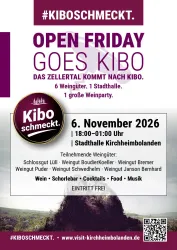 Ein Werbeplakat für die Veranstaltung "Open Friday Goes Kibo". Es beschreibt eine Veranstaltung mit Wein, Cocktails und Essen am 6. November 2026 in der Stadthalle Kirchheimbolanden.