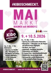 Ein Plakat für den Maivarkt mit Informationen über die Veranstaltung. Es werden verschiedene Aktivitäten und Highlights angekündigt, die am 9. und 10. Mai 2026 stattfinden.
