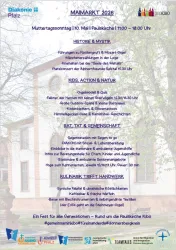 Ein Plakat für den Maifestmarkt 2026 in der Pauluskirche. Es enthält Informationen zu verschiedenen Veranstaltungen und Aktivitäten rund um das Fest.