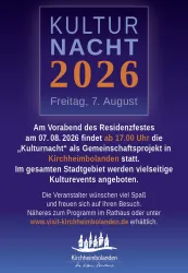 Das Bild beschreibt die "Kulturnacht 2026" in Kirchheimbolanden, die am 7. August stattfindet. Ab 17 Uhr werden im Stadtgebiet vielfältige Kulturveranstaltungen angeboten.