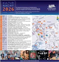 Eine Veranstaltungsübersicht für die Kultur Nacht 2026 in Kirchheimbolanden am 7. August. Der Plan zeigt verschiedene kulturelle Angebote und Aktivitäten in der Stadt.