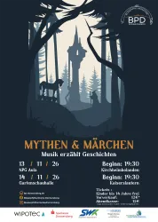 Ein Plakat für eine Veranstaltung mit dem Titel "Mythen & Märchen". Es zeigt einen mystischen Wald mit silbernen Baumsilhouetten und einem hohen Turm im Hintergrund.