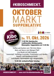 Ein Plakat für den Oktober Markt "Kibo schmeckt". Es informiert über das Event mit verschiedenen Angeboten und Zeiten.