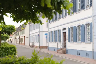 Eine ruhige Gasse mit charmanten Häusern und blauen Fensterläden. Grüne Bäume säumen die Straße und schaffen eine einladende Atmosphäre.
