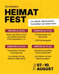 Das Bild zeigt ein Veranstaltungsplakat für das Heimatfest in Donsieders. Es listet verschiedene Aktivitäten und Veranstaltungen, die vom 7. bis 10. August stattfinden.