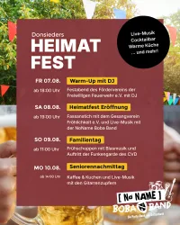 Ein Veranstaltungsposter für das Donsieders Heimatfest. Es zeigt verschiedene Programmpunkte, darunter Live-Musik, DJ und kulinarische Angebote.