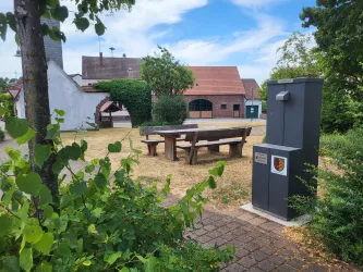 Ein ruhiger Platz mit einem Holztisch und Bänken sowie einem Trinkbrunnen, umgeben von Bäumen. Im Hintergrund sind einige Gebäude und ein blauer Himmel zu sehen.