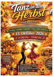 Ein farbenfrohes Plakat für ein Herbstfest am 15. Oktober 2023. Es zeigt herbstliche Motive, wie bunte Blätter und Kürbisse, und vermittelt eine festliche Atmosphäre.