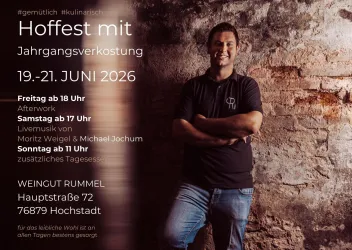 Eine Veranstaltungseinladung für das Hoffest im Weingut Rummel. Die Feier findet vom 19. bis 21. Juni 2026 statt.
