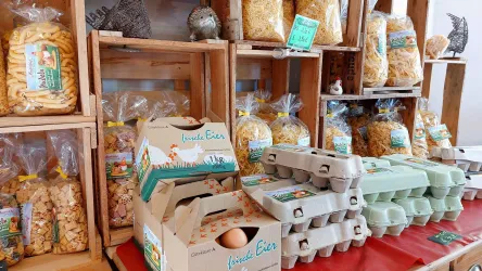 Ein kleiner Marktstand mit verschiedenen Teigwaren und Eierkartons. Die Produkte sind in Holzregalen ordentlich angeordnet.