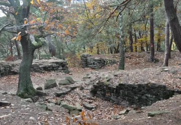Eine verlassene Ruine in einem Wald mit herbstlichen Blättern. Steinmauern und Baumstämme prägen die natürliche Umgebung.