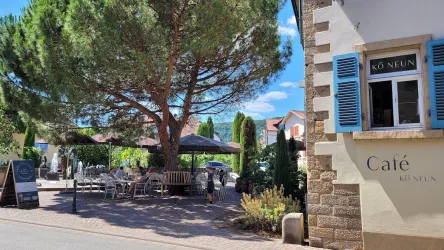Ein gemütliches Café mit blauen Fensterläden und einem großen Baum im Vordergrund. Im Hintergrund sitzen Menschen im Freien und genießen die Sonne.
