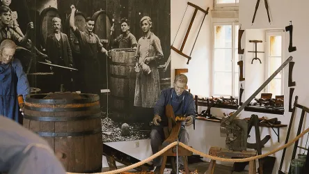 Eine historische Werkstatt mit Holzfiguren und Werkzeugen. Im Hintergrund ist ein großes Schwarz-Weiß-Bild von Arbeitern zu sehen.