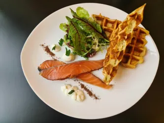 Ein Teller mit geräuchertem Lachs, frischem Salat und einer Waffel. Das Gericht ist stilvoll angerichtet und von einer weißen Sauce umgeben.